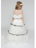 Ivory Black Stripe Ruffle Tulle Illusion Pearl Buttons Back Flower Girl Dress